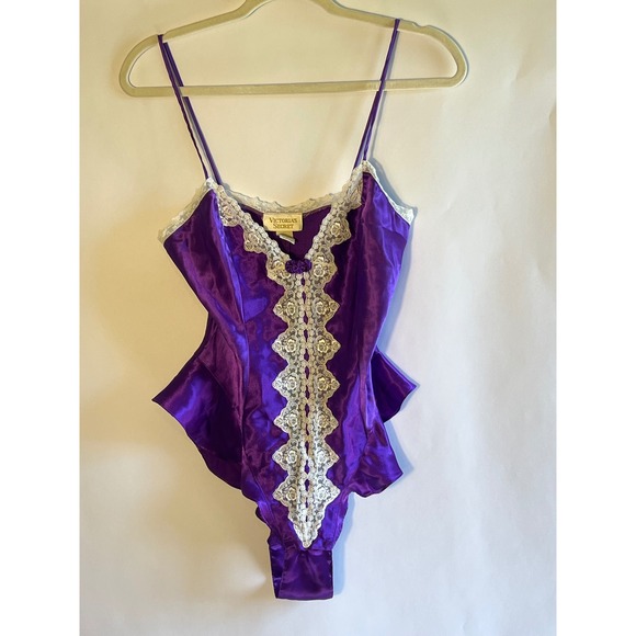 Victoria's Secret Tops - Vintage Victorias Secret Gold Label Purple Satin Lace Ruffle Bodysuit Size P XS
